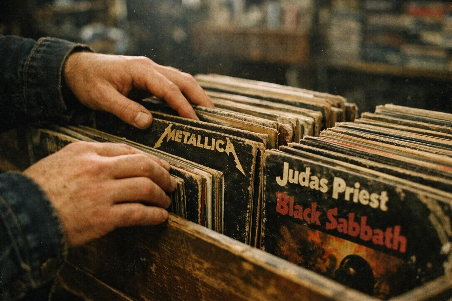 Hands browsing used metal vinyl records in a crate at a record store in Los Angeles.