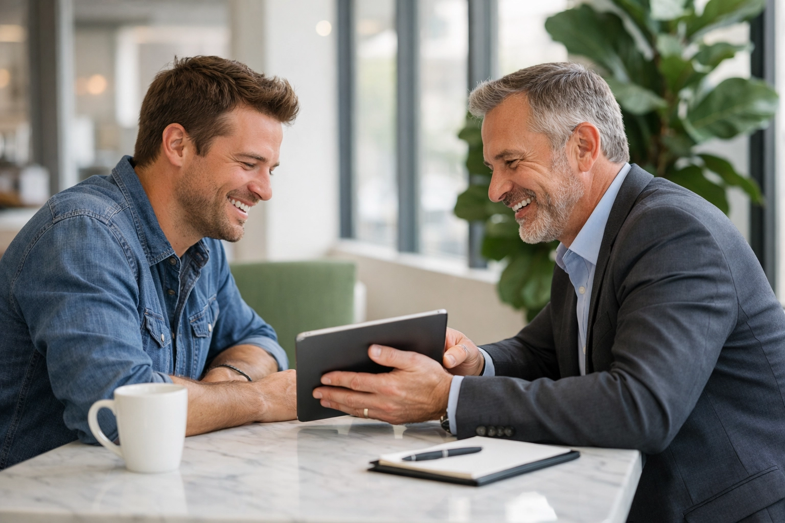 Professional advisor and business owner reviewing reports via small business bookkeeping services on a tablet.