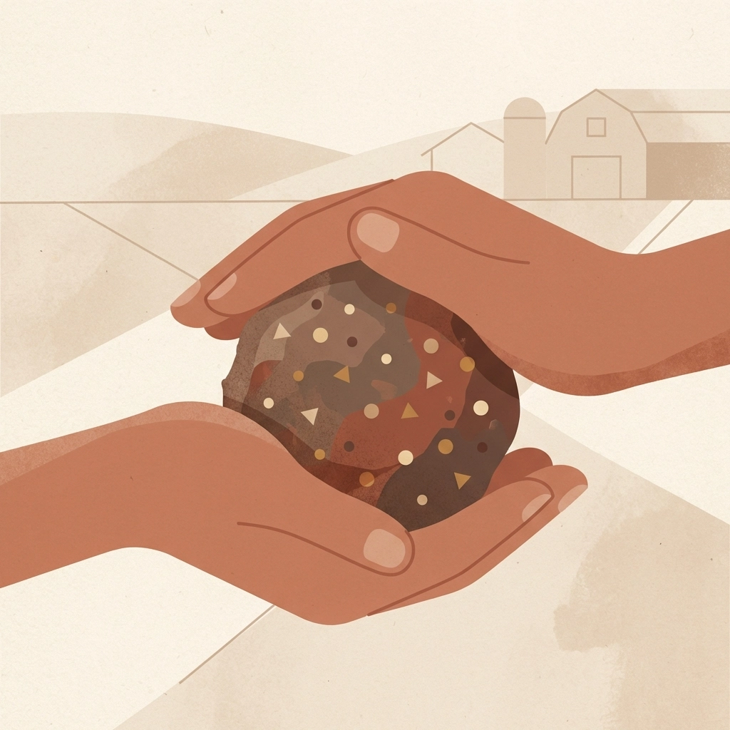 Close-up of hands rolling a wildflower seed bomb from clay and compost mixture during assembly