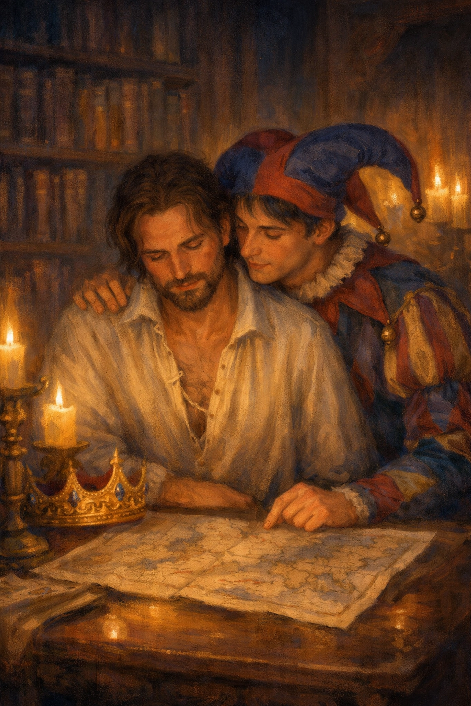 An intimate moment between a king and his jester in a candlelit library, capturing historical MM romance emotion.