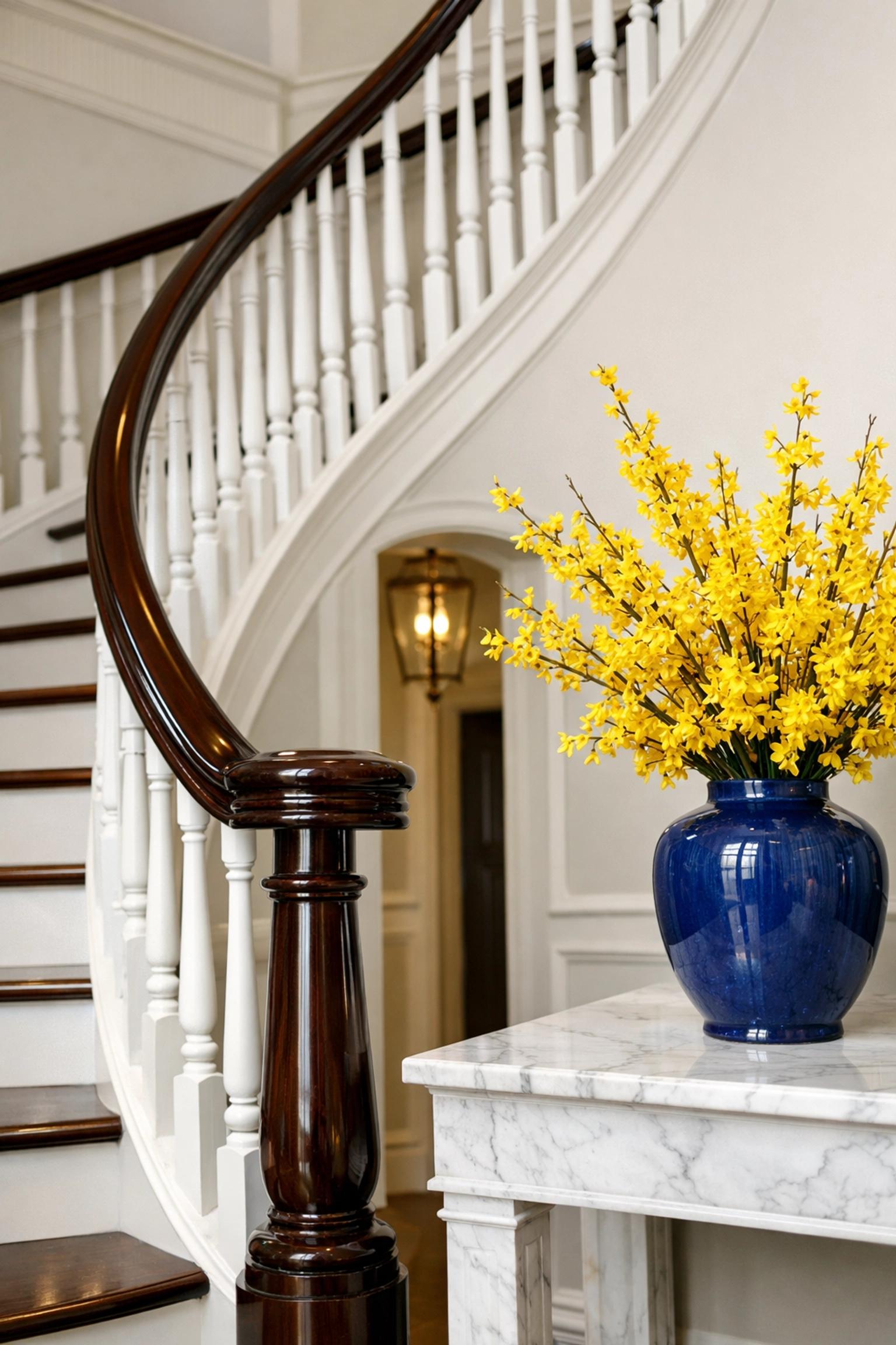 Polished home foyer and staircase reflecting high-quality house cleaning Shirley MA standards.
