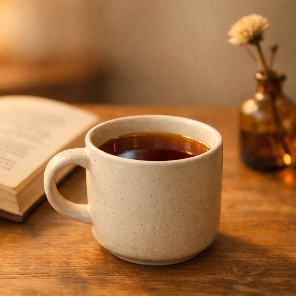 A finished cup of clear, amber pour over coffee in a ceramic mug on a wooden table.