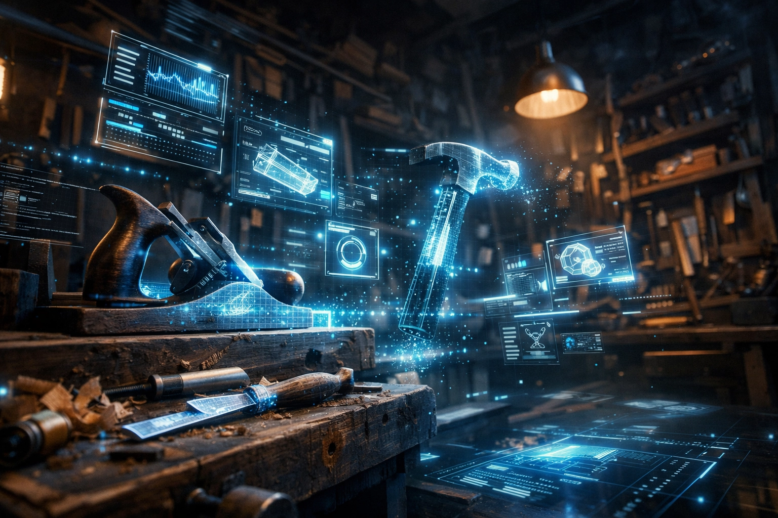 Traditional craftsmanship tools transforming into digital code representing bespoke web development