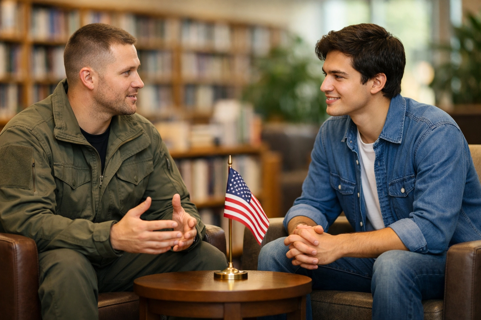 A veteran and student engaging in respectful civil discourse about unity and patriotism in a sunlit community library.