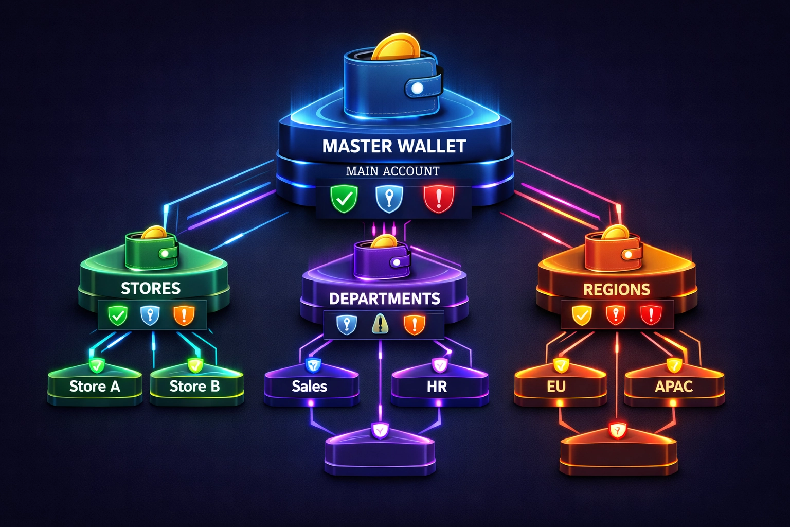 Enterprise master wallet architecture with sub-wallets for multi-location crypto payments