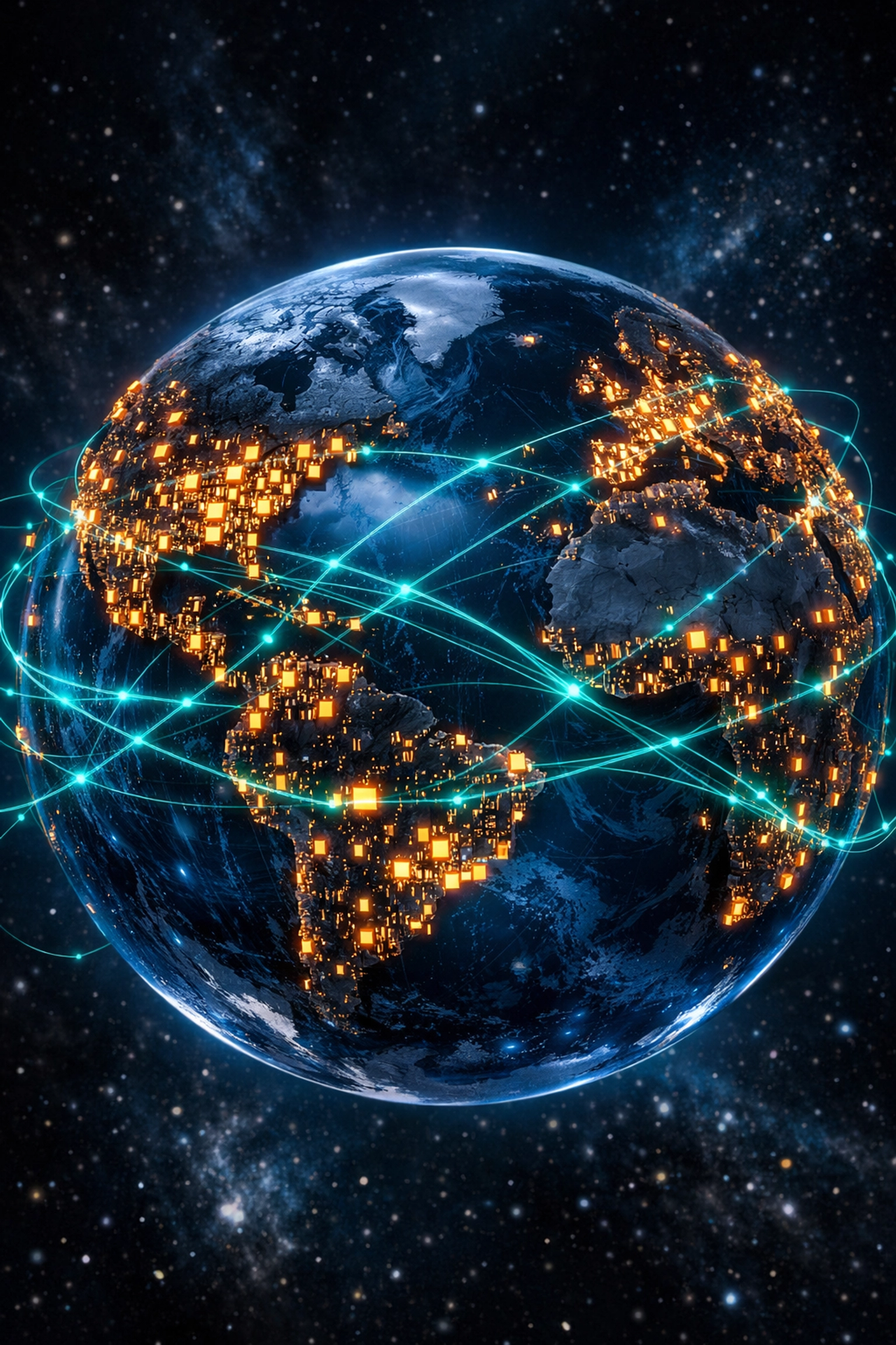 A digital globe with light connections illustrating how Eric Yuan’s technology connects the world globally.