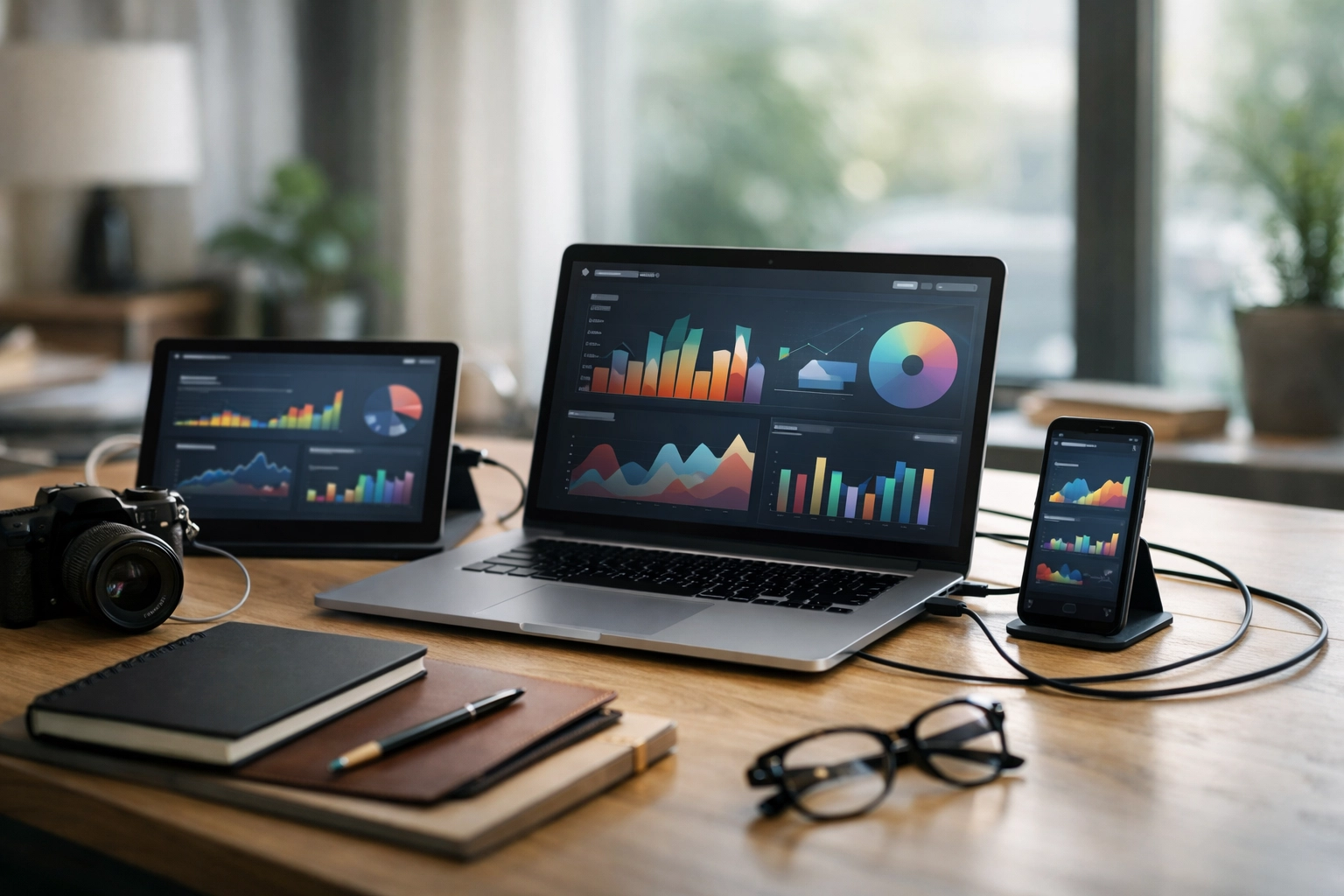 Modern office workspace with multiple devices showing abstract, non-readable dashboards, suggesting an integrated marketing system in a clean cinematic style.