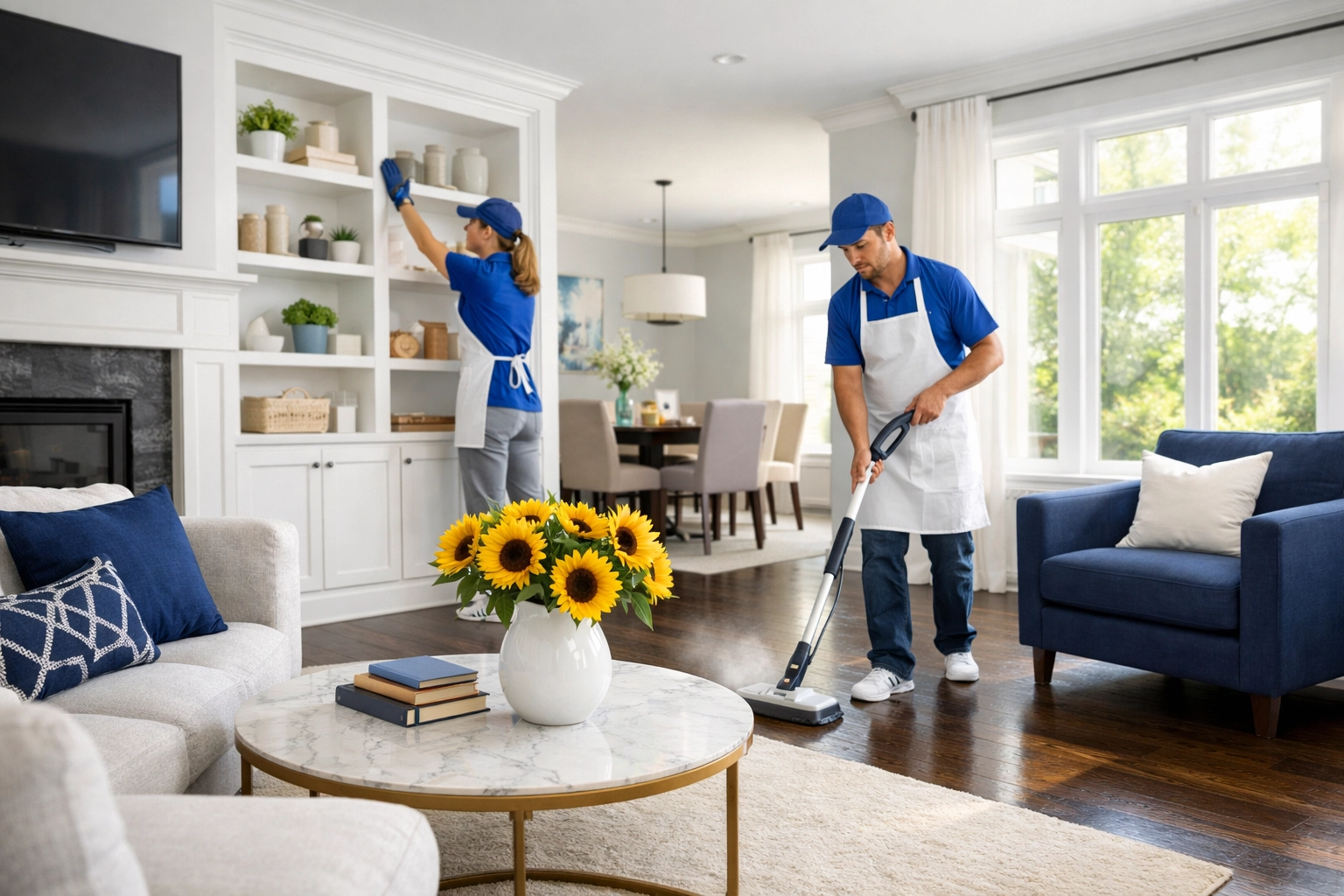Professional cleaning service team dusting and mopping a modern Massachusetts living room.