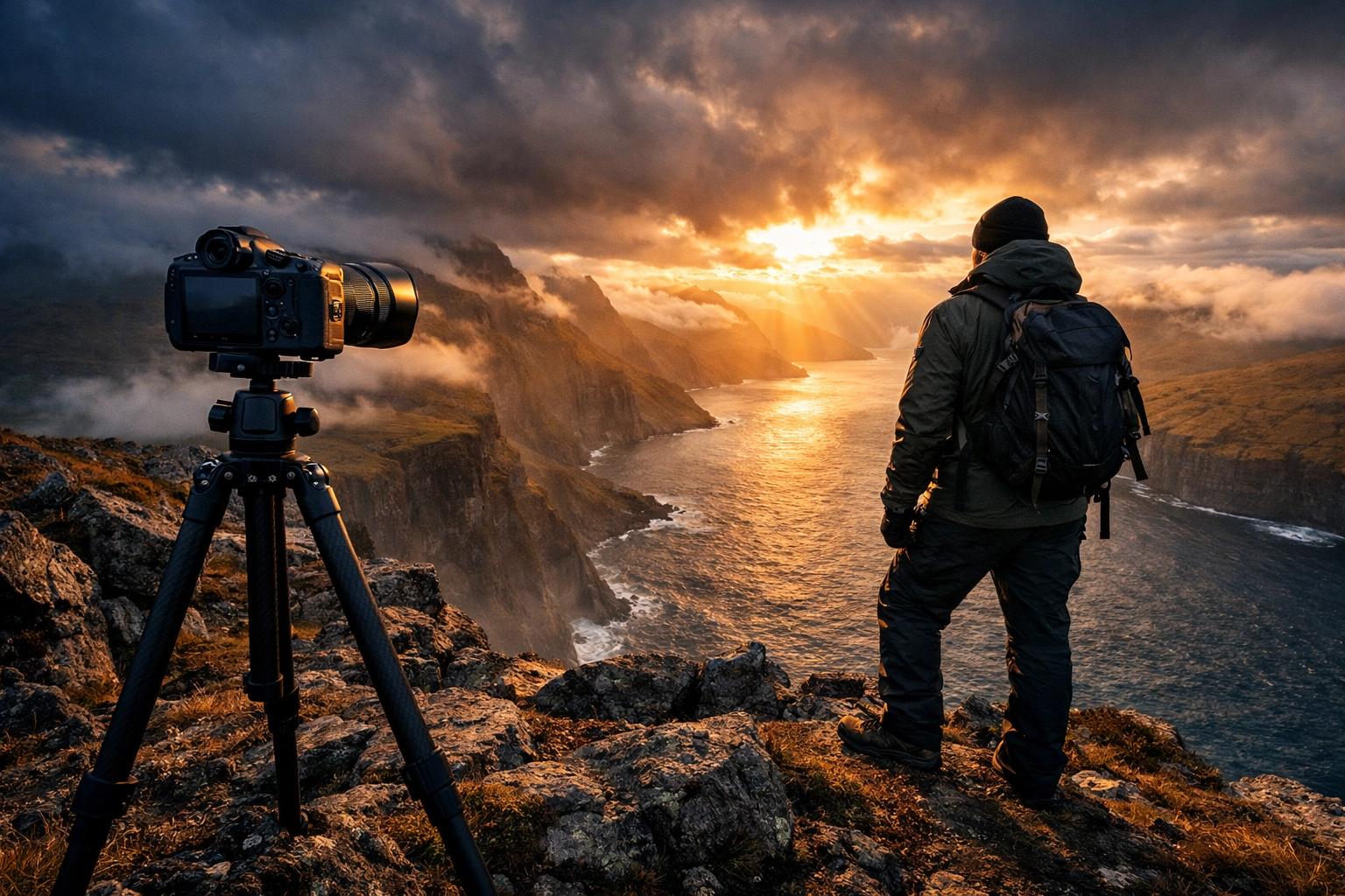 Landscape photographer using a mirrorless camera on a tripod at sunset for landscape photography tips.