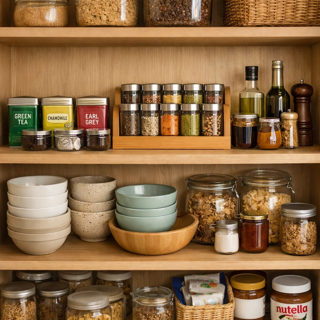 Organized kitchen pantry with items stored at waist height to prevent reaching and falls.