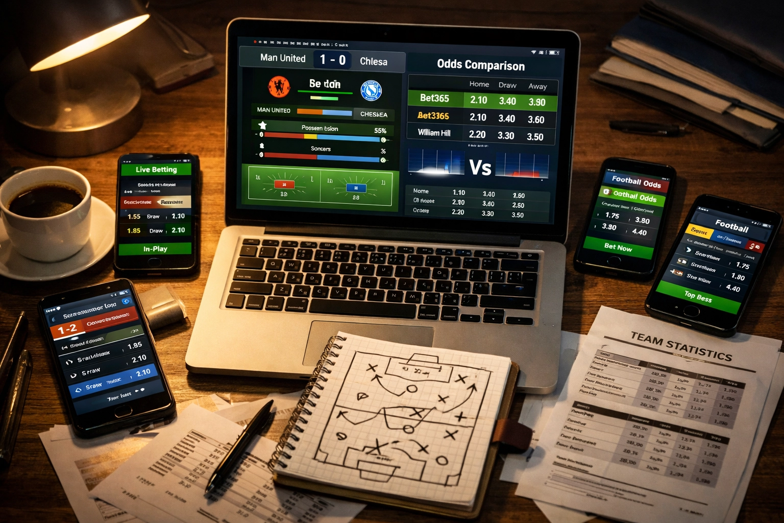 Sportwetten-Analyse Arbeitsplatz mit Laptop, Quoten-Vergleich und taktischen Notizen
