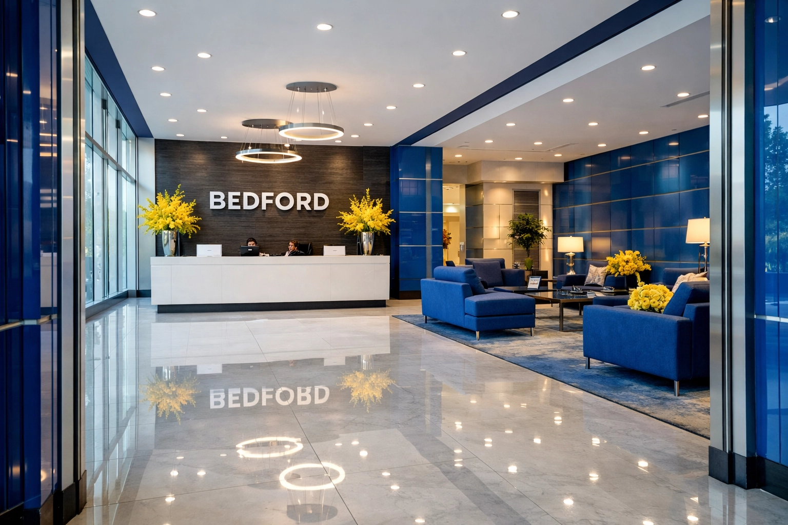A welcoming corporate lobby in Bedford with spotless tile floors showcasing professional office cleaning excellence.