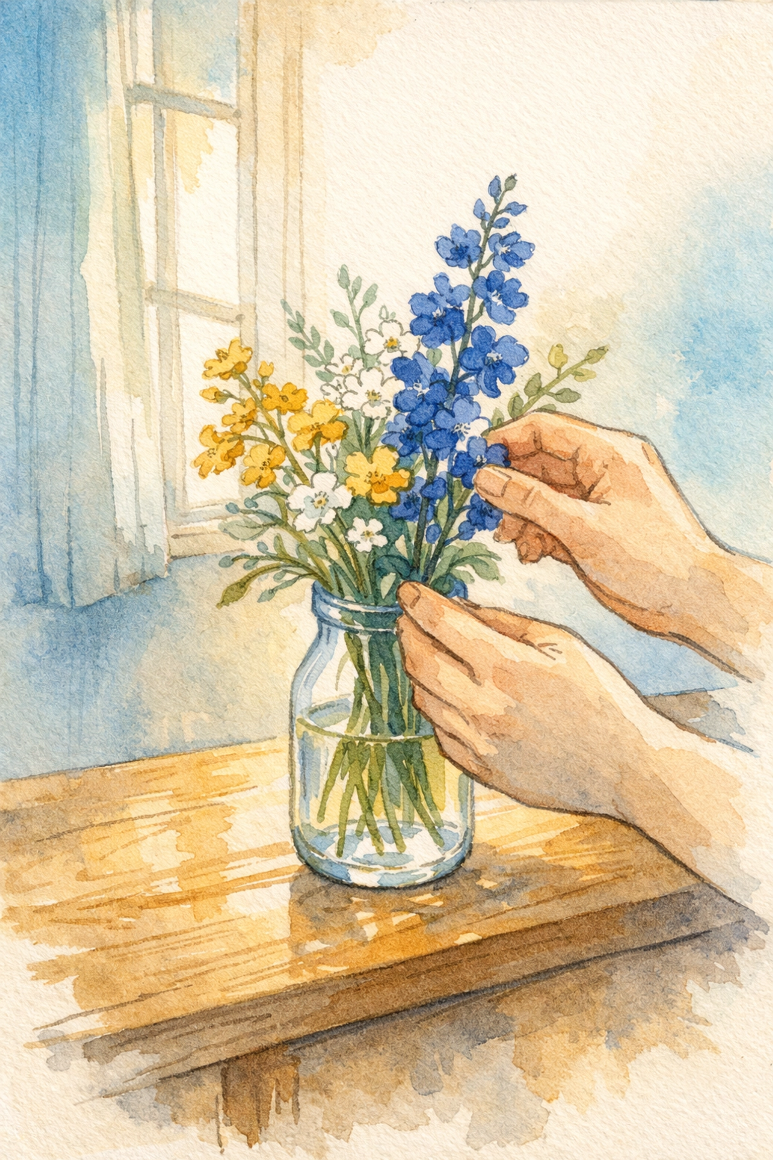 Hands arranging fresh flowers in a vase on a church table, symbolizing volunteer service and preparation