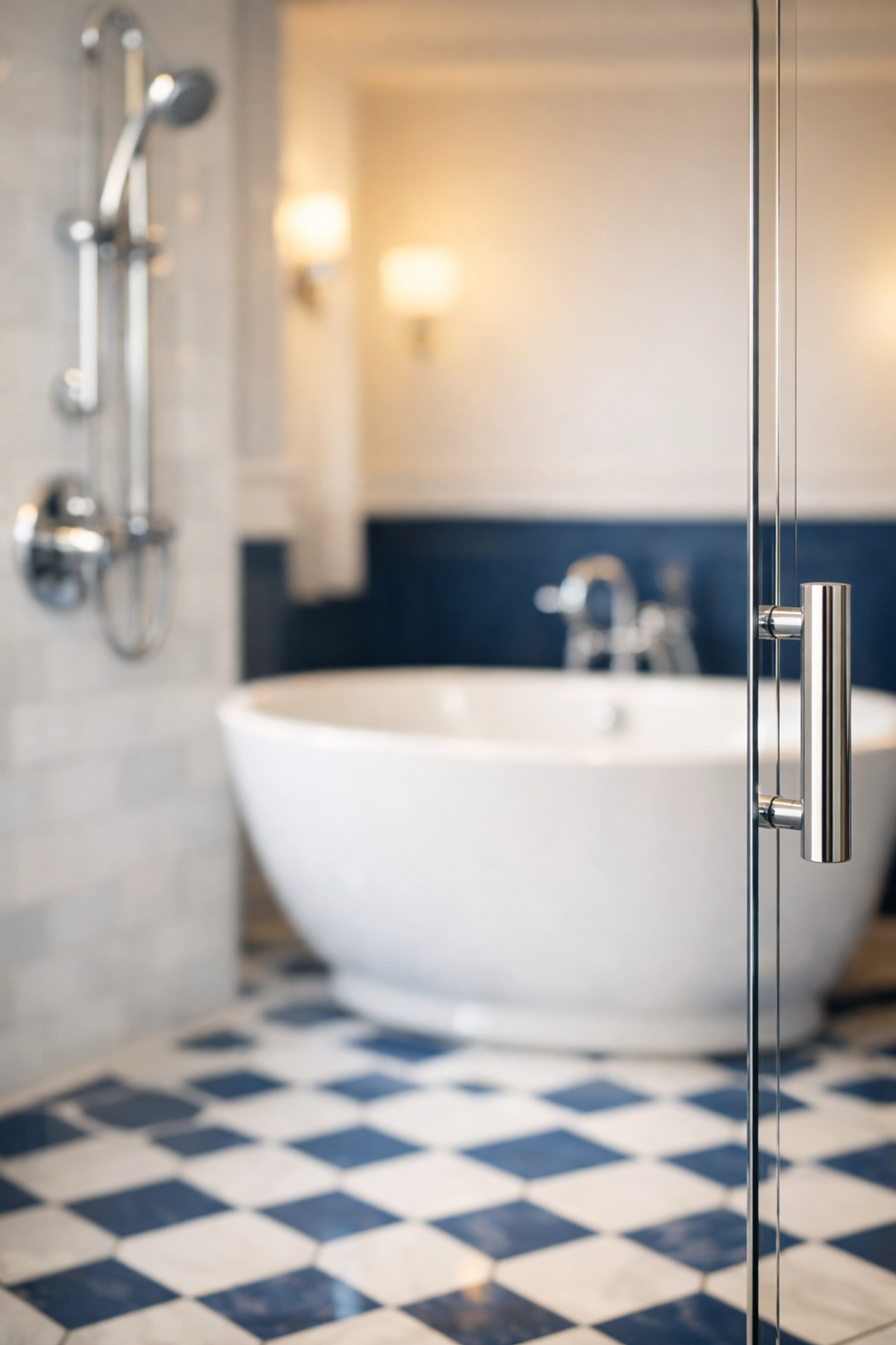 Crystal clear glass shower door and white tub from apartment cleaning services in Leominster MA.
