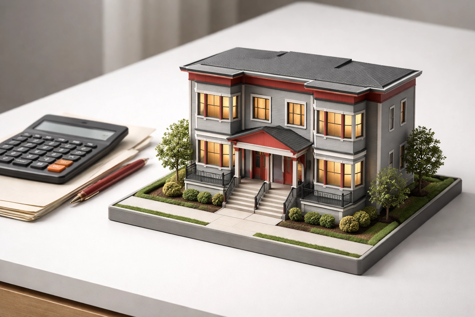 Model of a Minneapolis fourplex with calculator and documents, highlighting smart real estate investing strategies.
