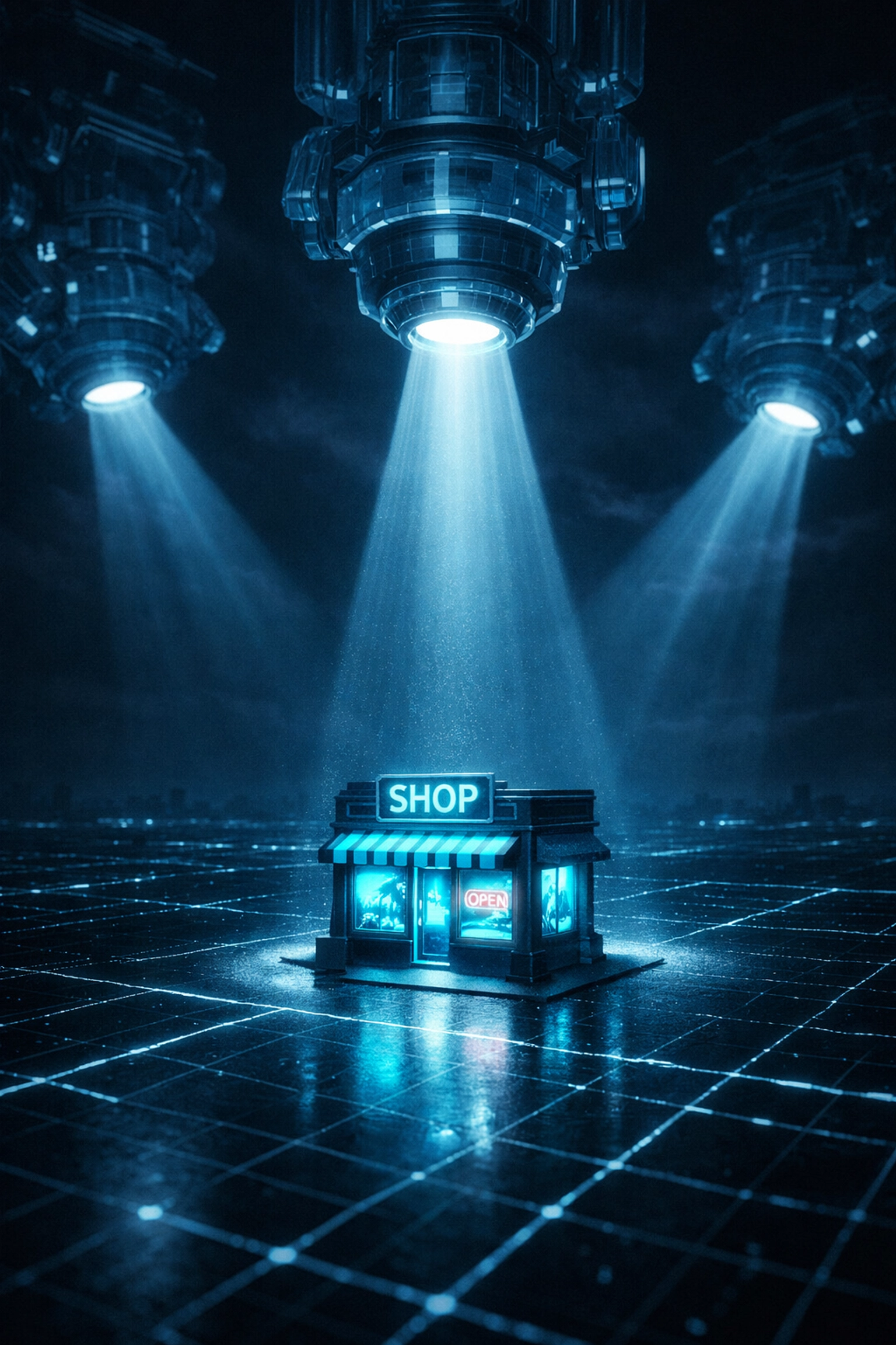 Digital grid scanning a small business shop representing targeted cybersecurity threats.