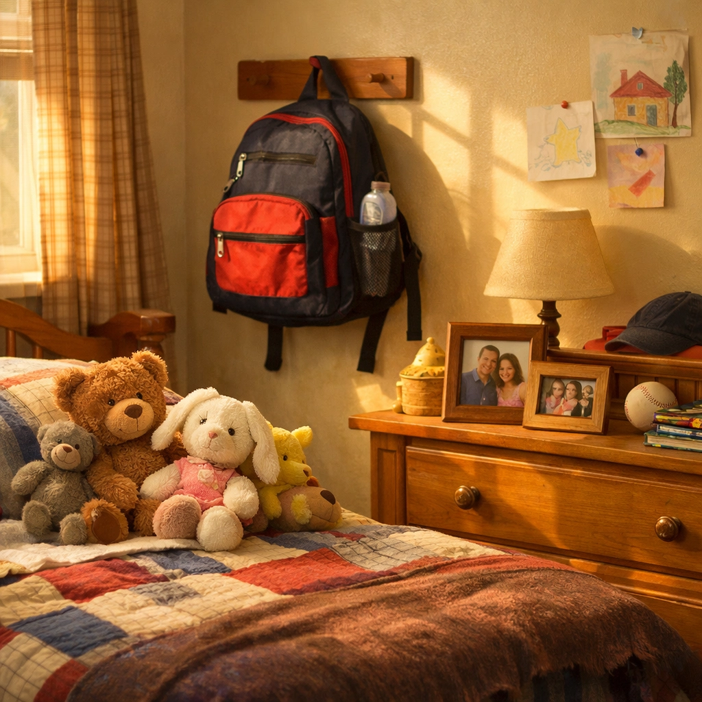 Child's bedroom in family home showing stability benefits of bird's nest parenting Virginia
