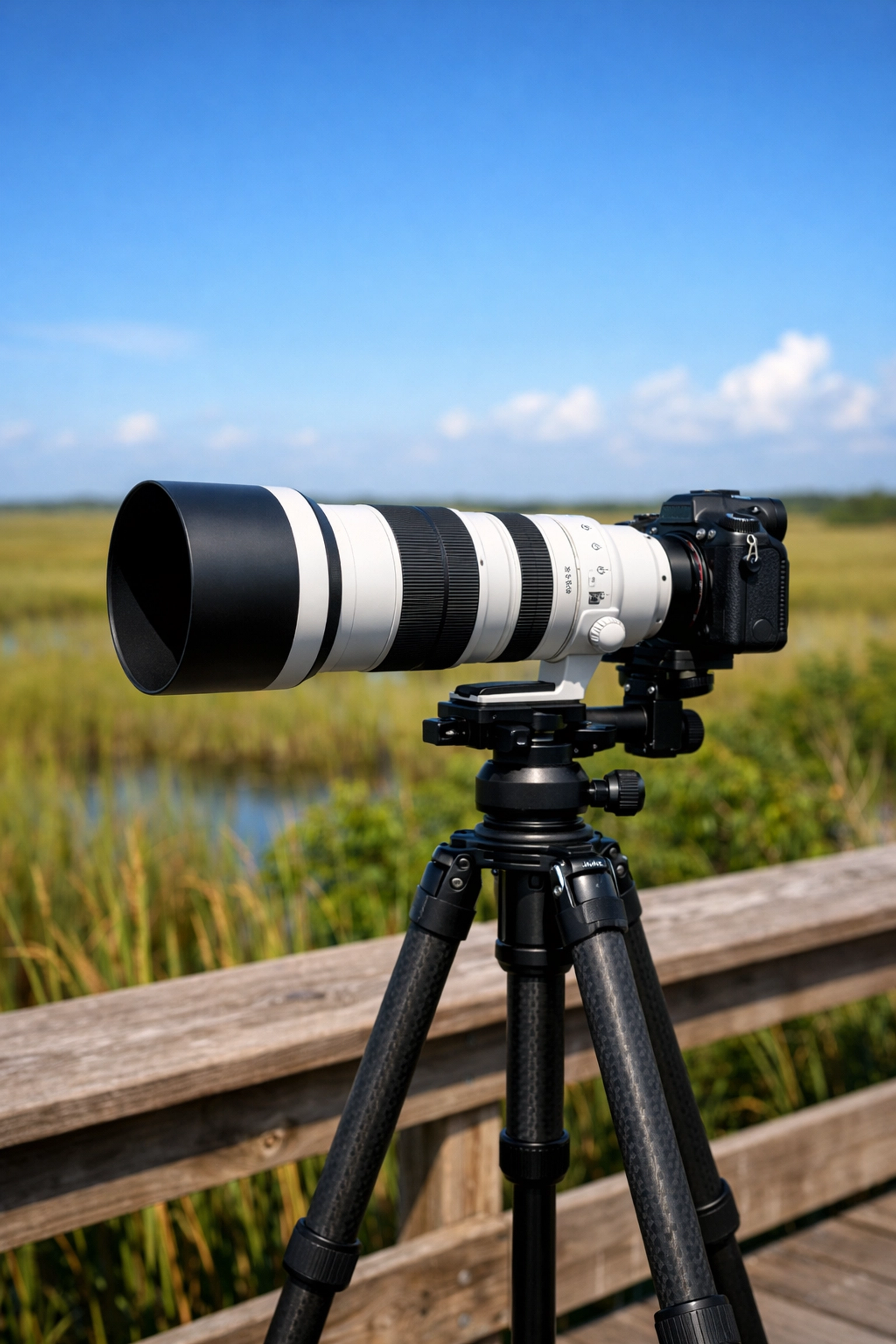 Professional Everglades photography gear including a telephoto lens and tripod setup on a park boardwalk.