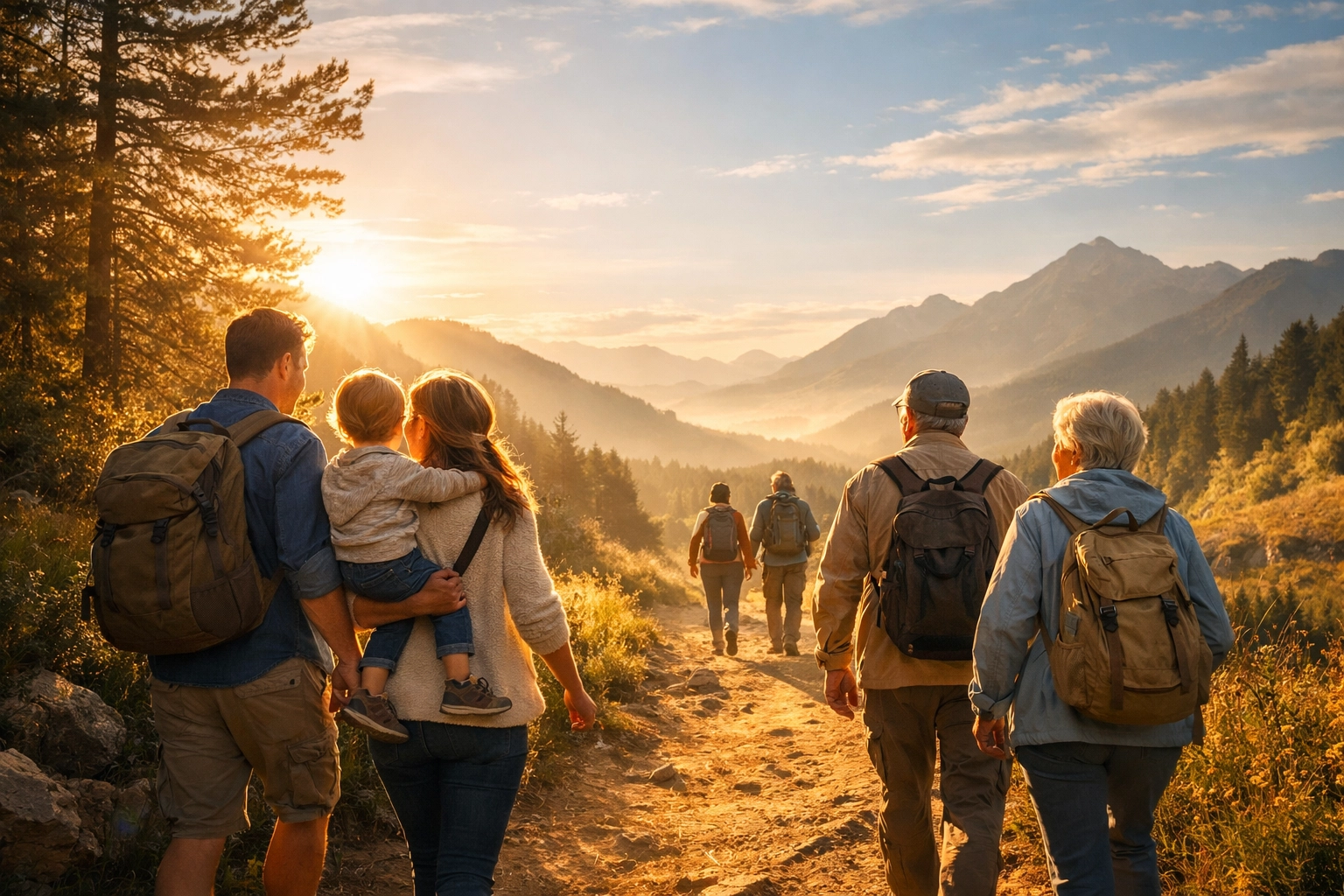 A diverse group of believers and a family walking a sunlit path, symbolizing the local church community journey.