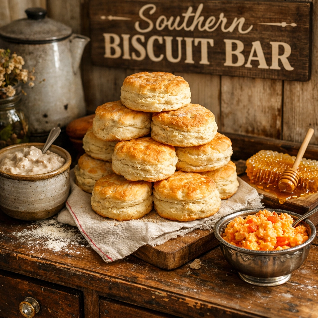 Interactive Southern biscuit bar with flaky buttermilk biscuits, sausage gravy, and pimento cheese.