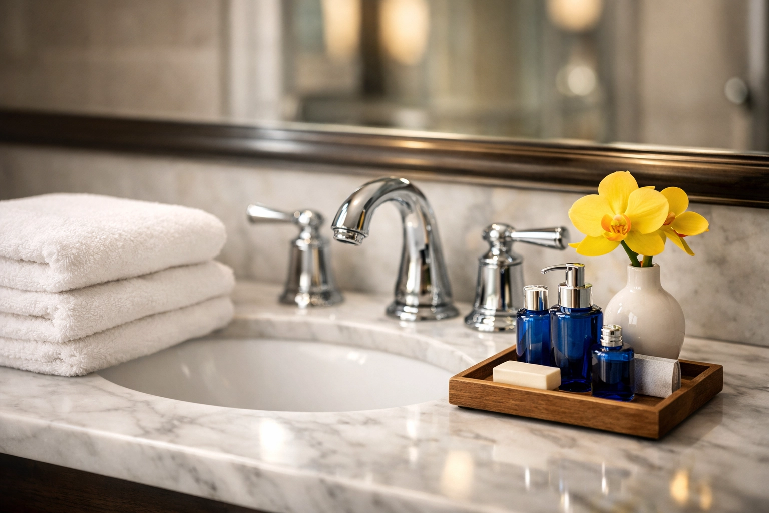 Immaculate guest bathroom vanity with fresh towels and toiletries for holiday prep.