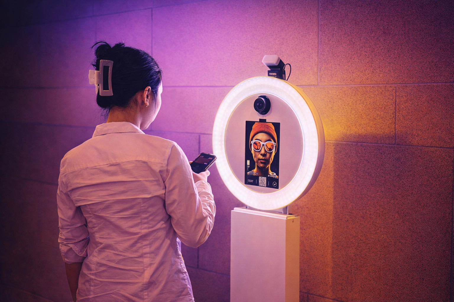 Guest using the Studio Z Generative AI photo booth in Orlando—real-time brand activation photo booth experience.