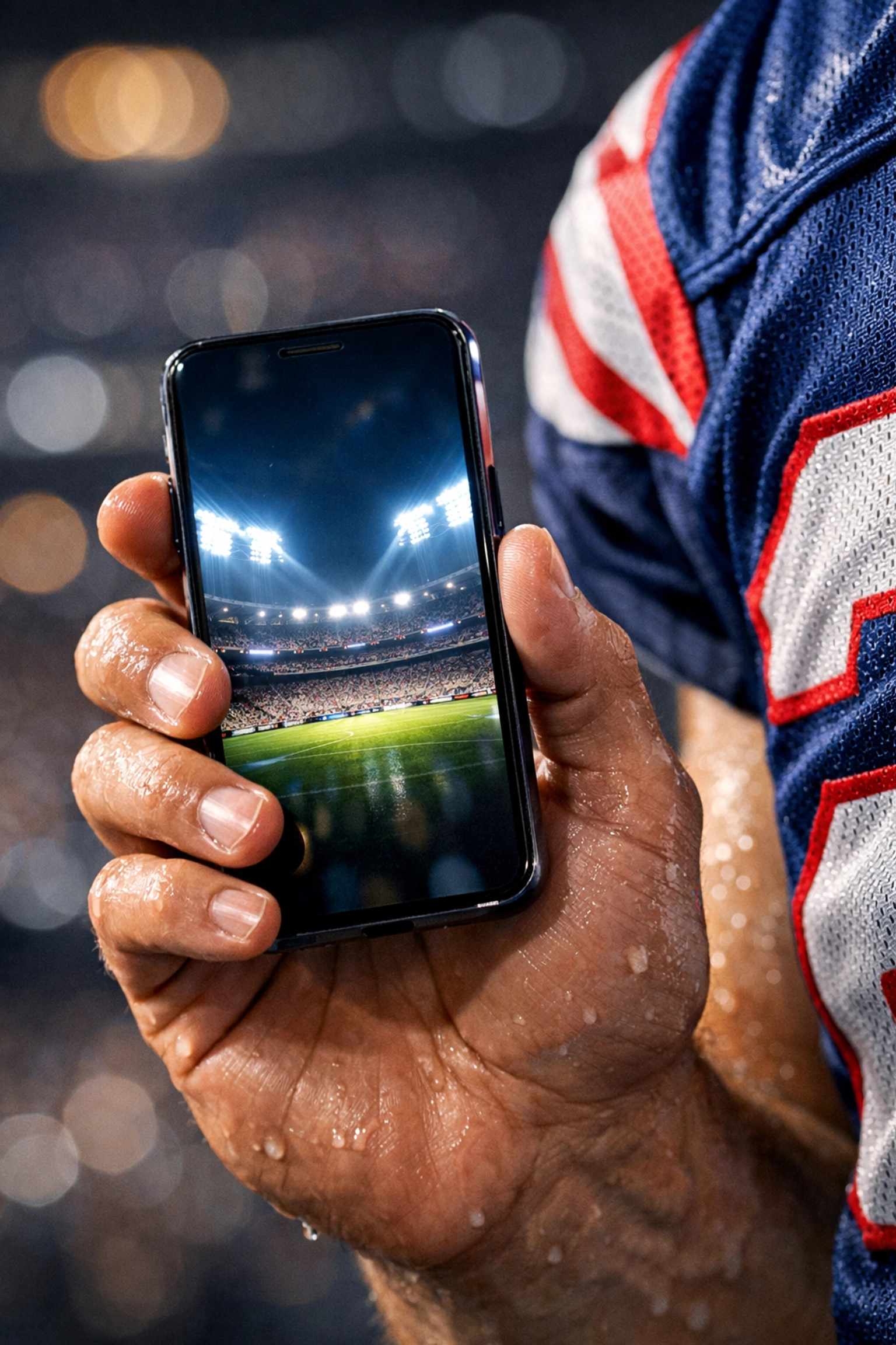 A college athlete using a smartphone at a stadium to manage brand partnerships and NIL digital engagement.