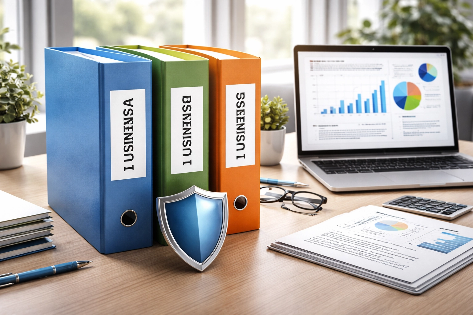 Modern office desk with color-coded file folders, a laptop displaying financial charts, and a shield symbolizing LLC liability protection