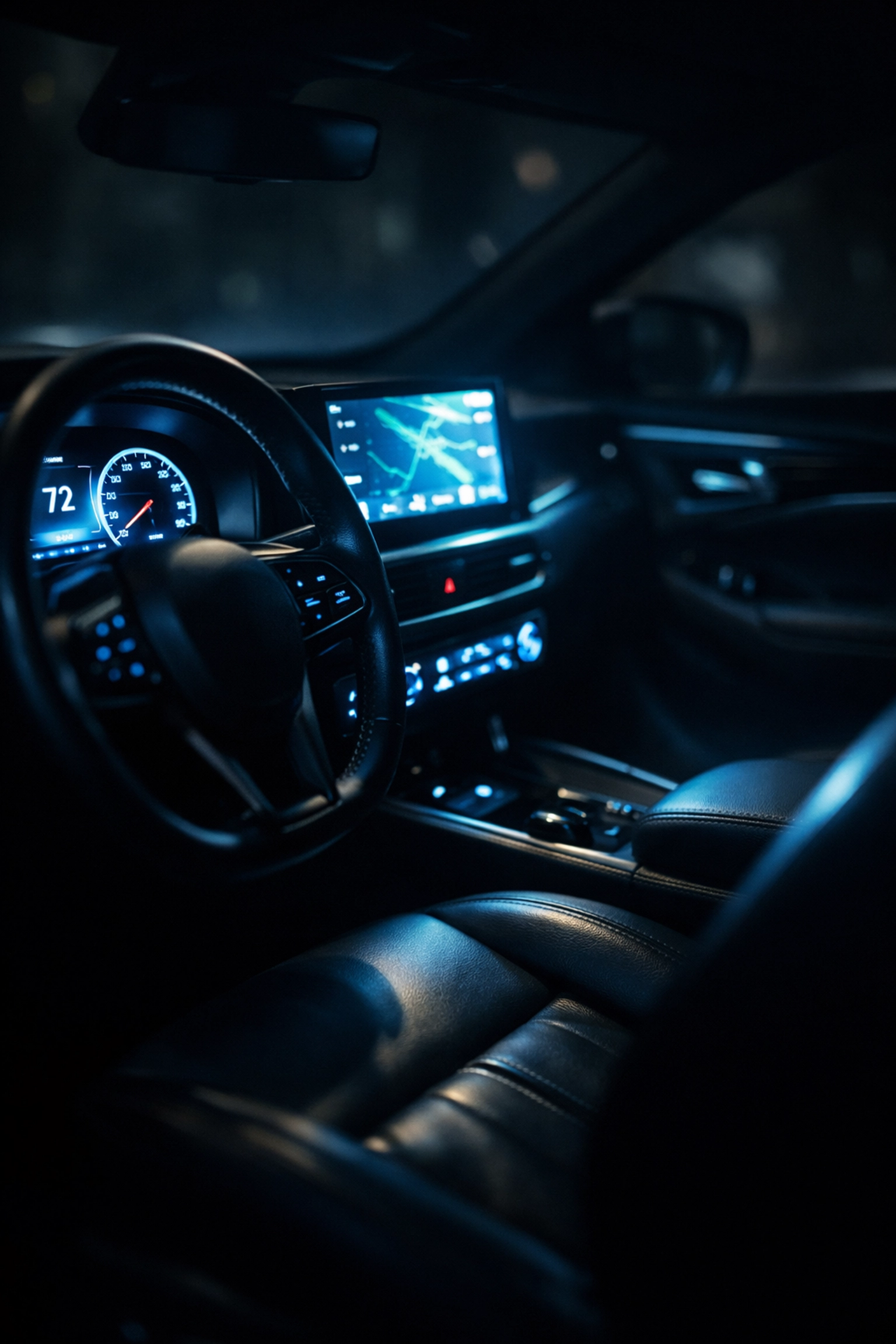 Glowing car dashboard at night showing potential parasitic drain on a vehicle battery.