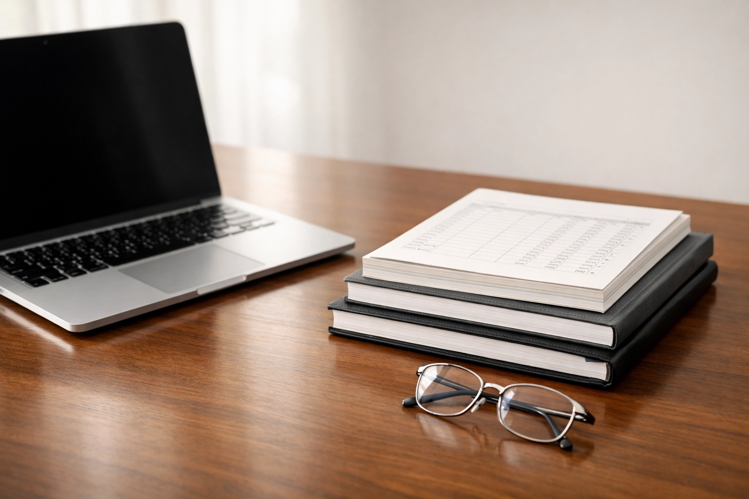 Organized financial ledgers and a laptop on a desk, representing clean books for a Mississippi business sale.