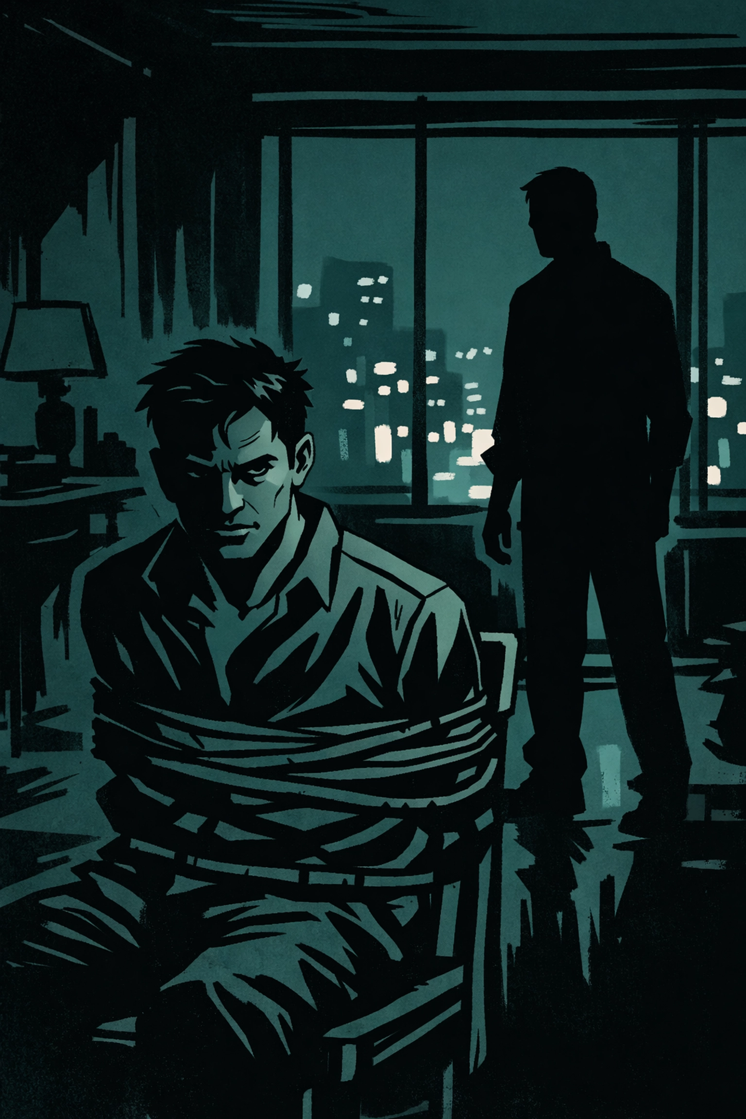 Gay psychological thriller scene: captive and captor in dark apartment confrontation