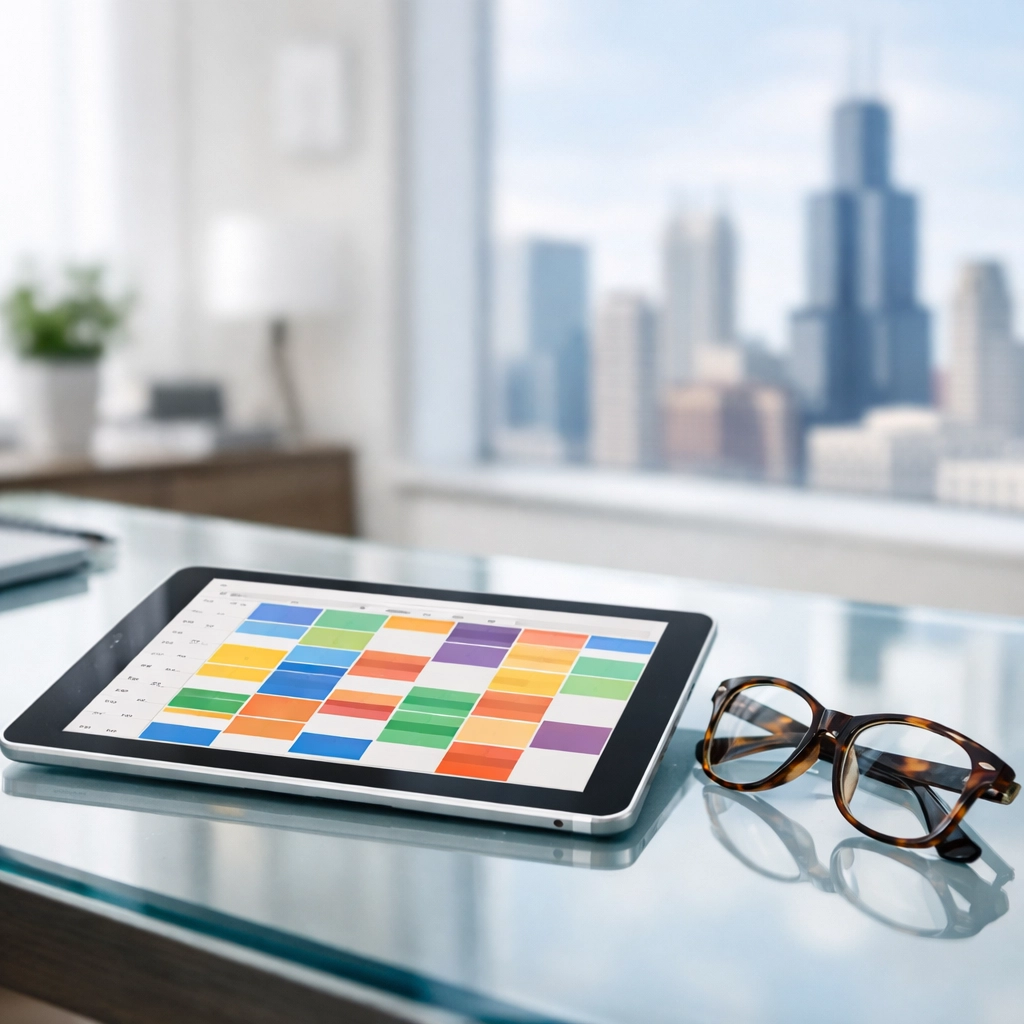 Digital tablet showing an organized cleaning schedule on a modern desk in a bright Chicago office.