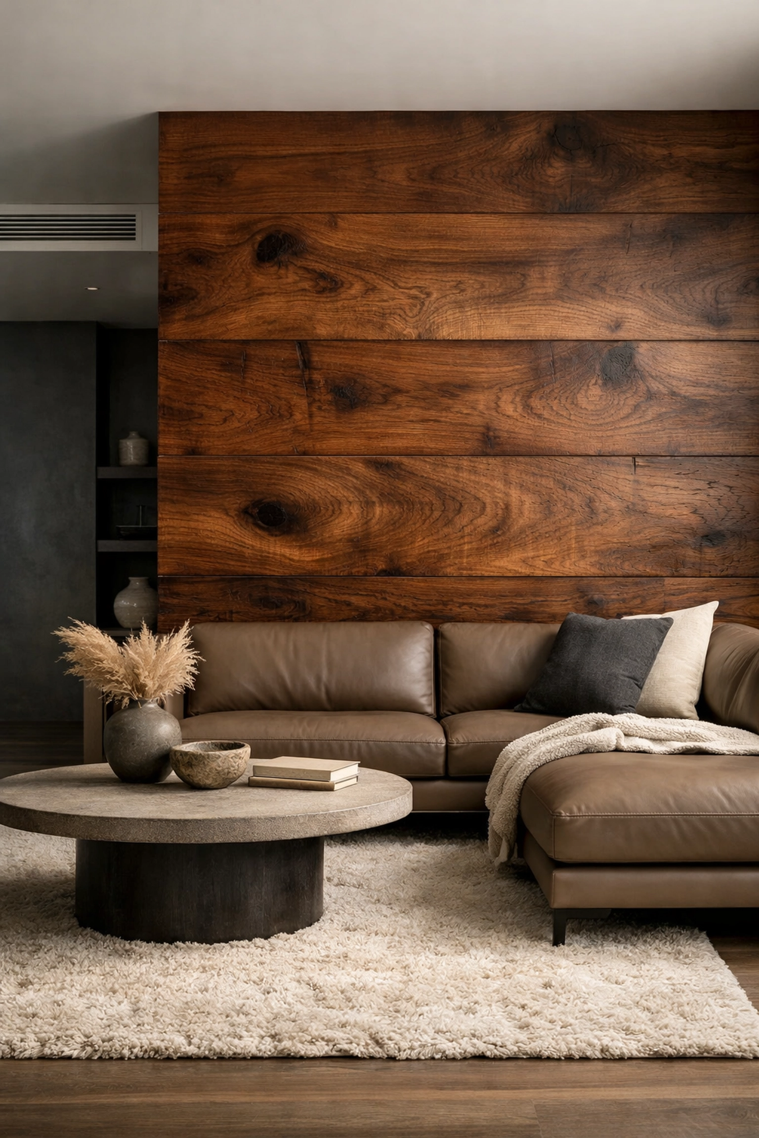 Eco friendly home designs featuring a reclaimed timber wall and sustainable interior materials.