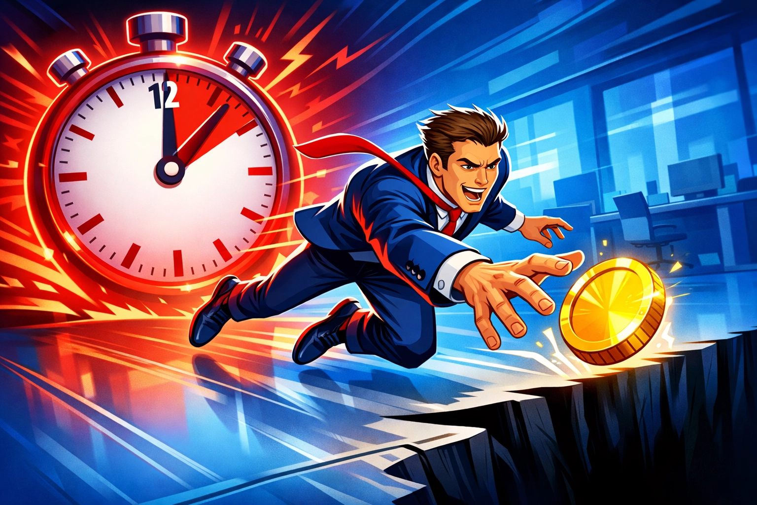 Professional catching a gold coin lead under a two-minute stopwatch to show the value of fast enquiry handling.