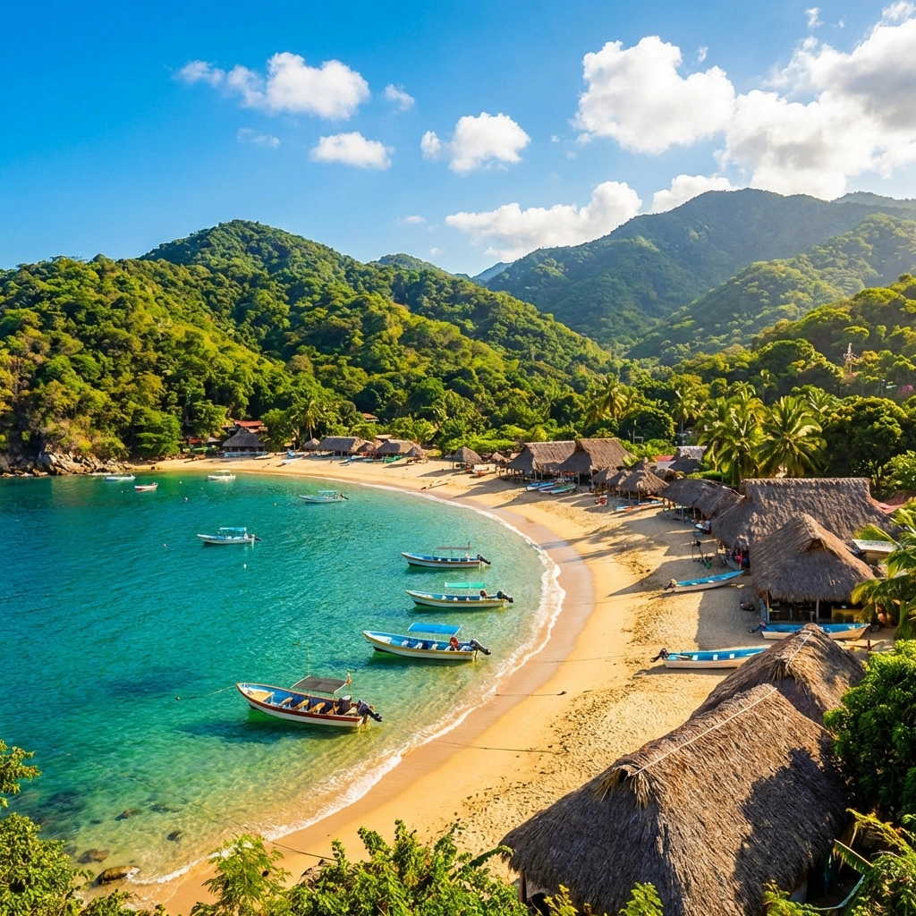 View of secluded Playa Yelapa beach with golden sand, turquoise water, and jungle-covered mountains near Puerto Vallarta