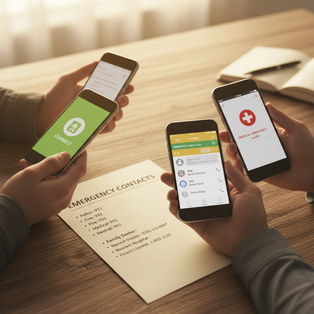 An image of four cell phones two are being held by the person on the left; the two on the right are held by two people. You can only see part of their forearms and hands. Solo & Safe: A Simple, 30-Day Plan to Build Your Disaster Network