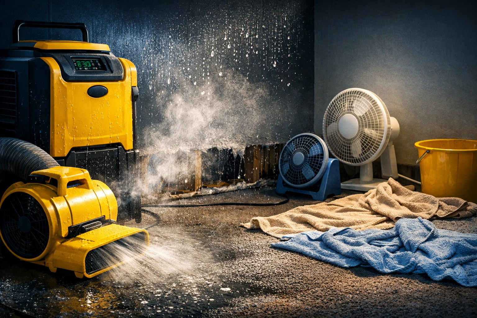 Professional water damage restoration equipment versus household fans and towels in flooded basement