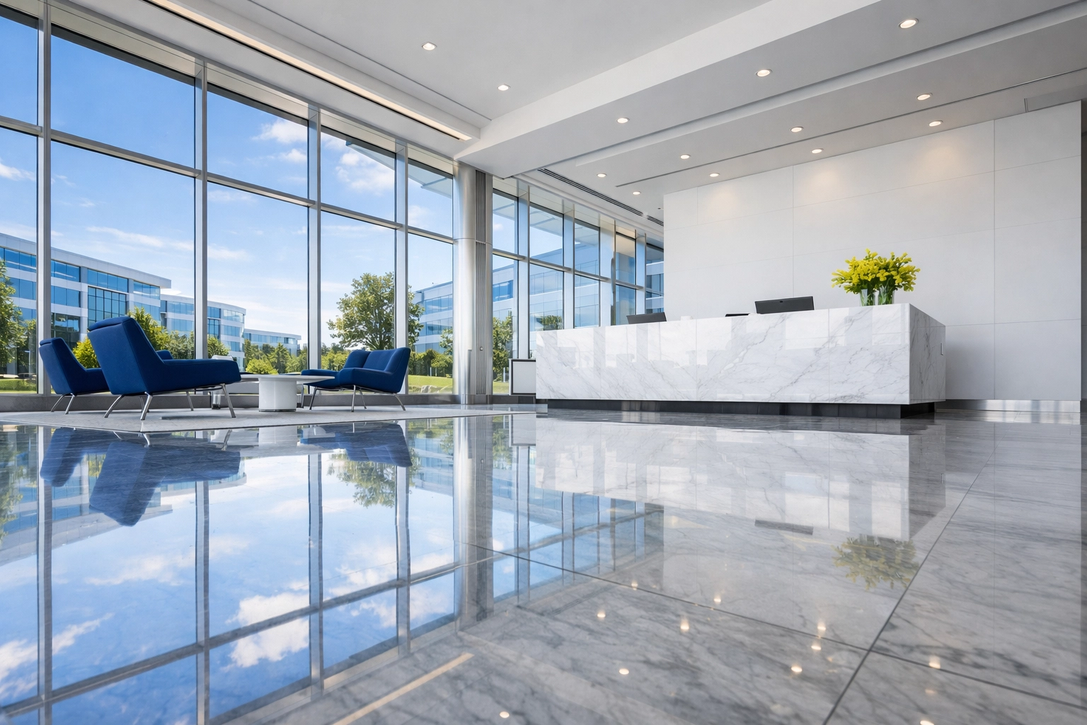 Pristine corporate lobby in a Waltham business park representing high-quality commercial cleaning Waltham MA.