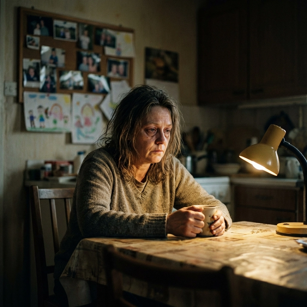 Middle-aged woman sits alone at a kitchen table at night, looking weary and isolated from the strain of supporting a loved one with addiction.