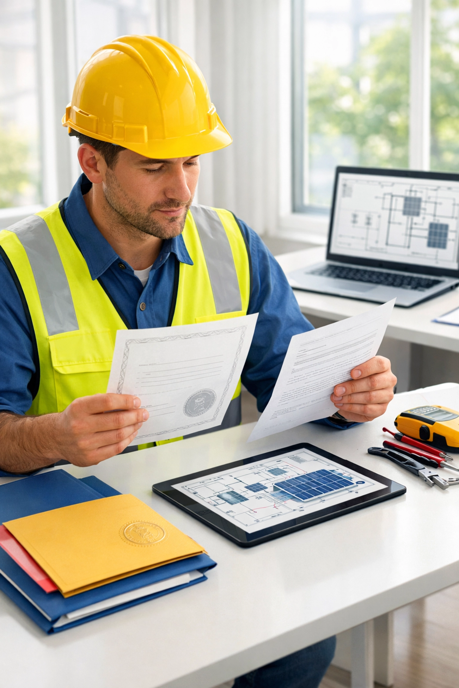 Technicien solaire vérifiant certifications et documents d'assurance pour installation photovoltaïque