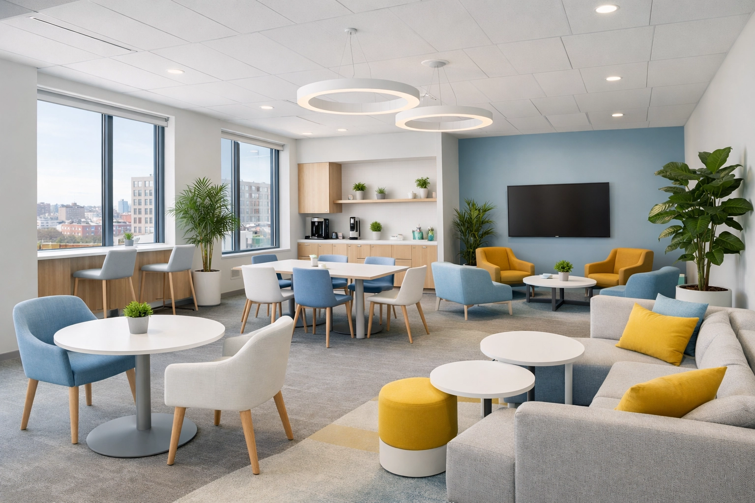 Wellness-focused Worcester office cleaning in a modern breakout room helps boost employee productivity.