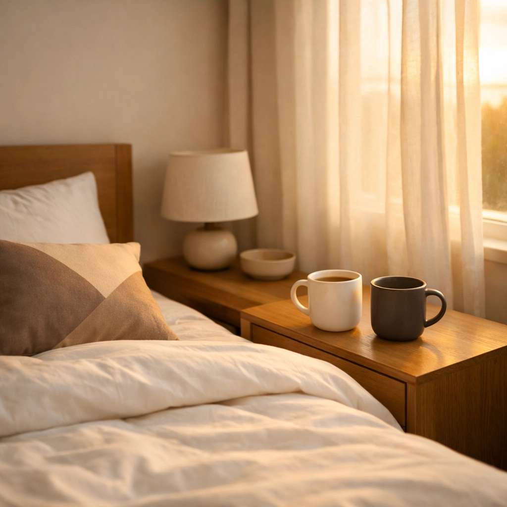 Morning bedroom with two coffee cups representing quiet companionship and daily routine