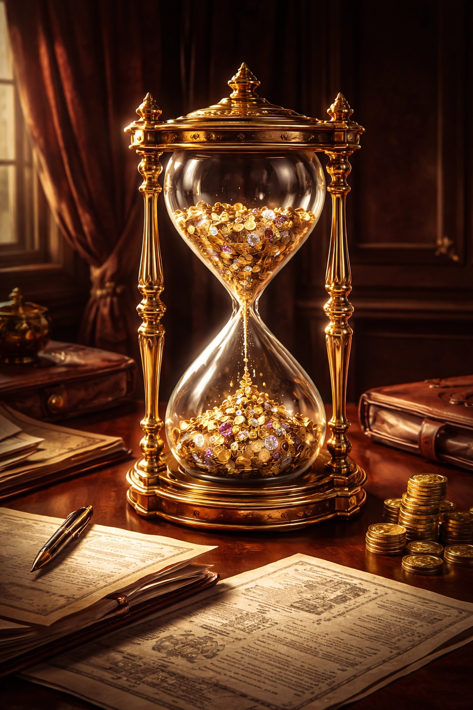 Luxurious hourglass with golden coins and gems symbolizing patience and long-term wealth in alternative investments.