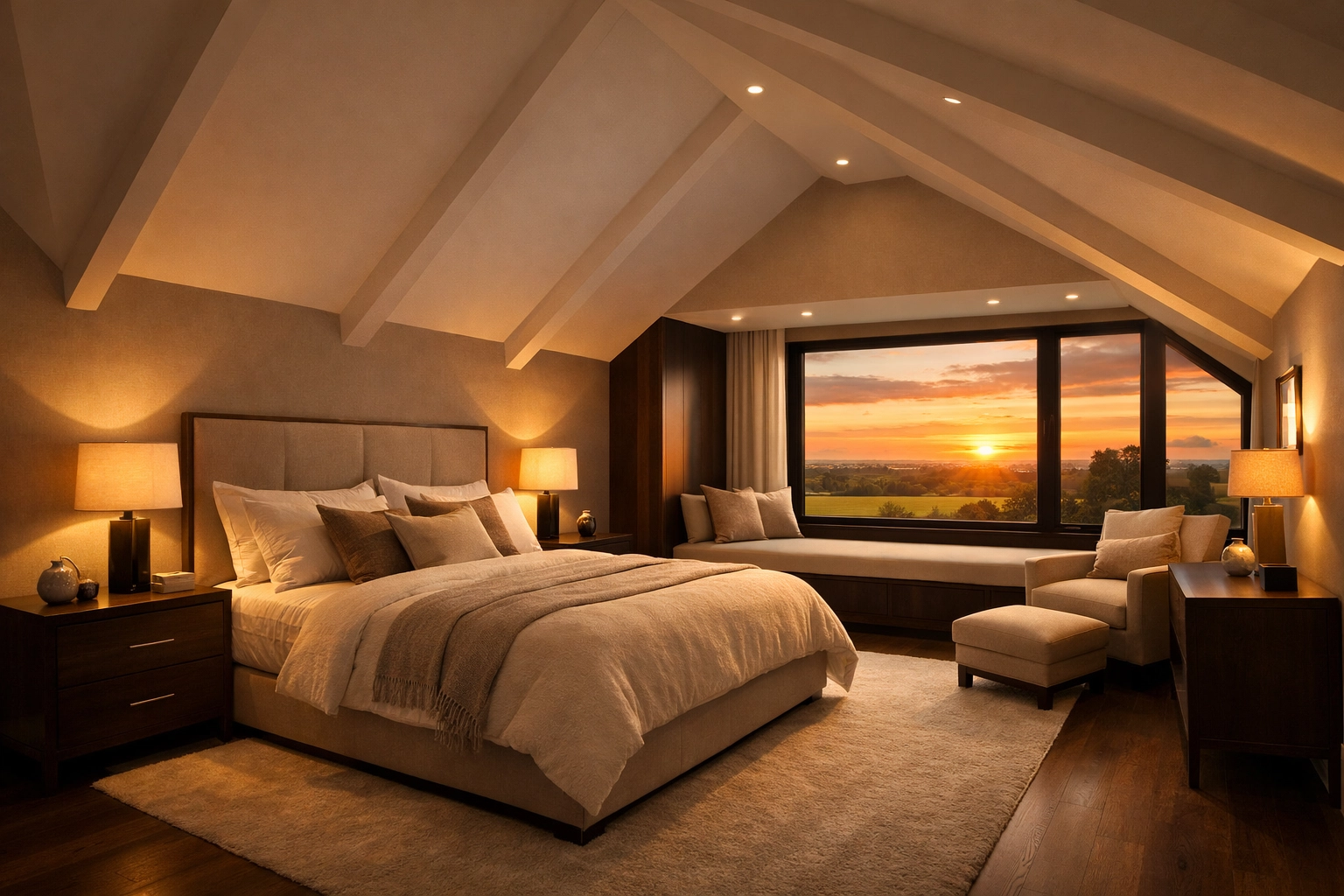 Luxury master suite interior with vaulted ceilings in a converted West Sussex bungalow.