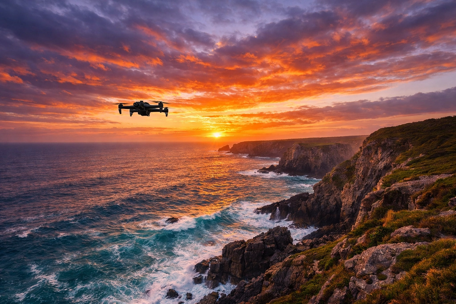 Camera drone capturing aerial landscape photography over coastal cliffs at sunset to scale a creative business.