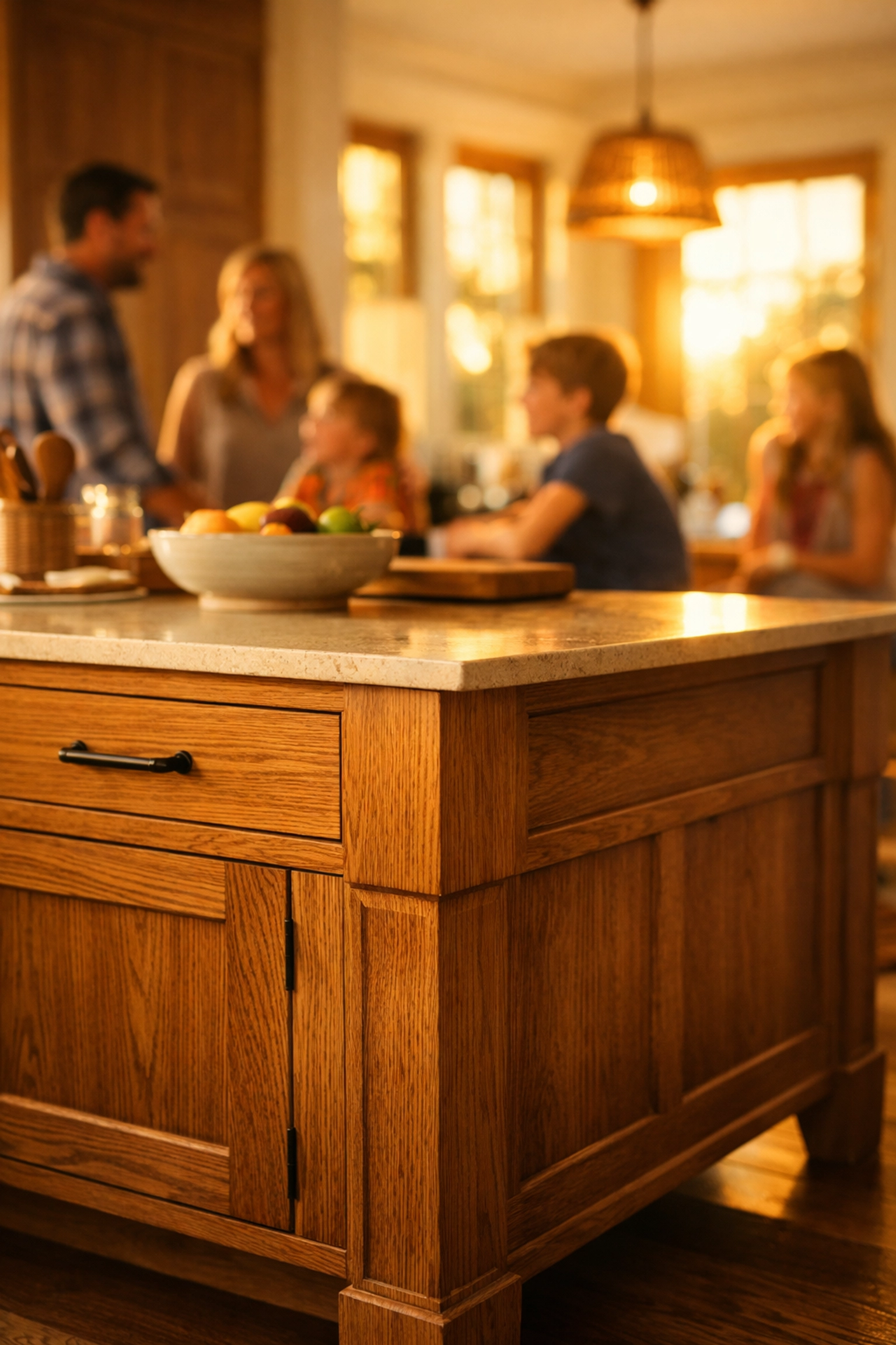 Custom-built rift-sawn oak kitchen island designed for long-term home value and durability.