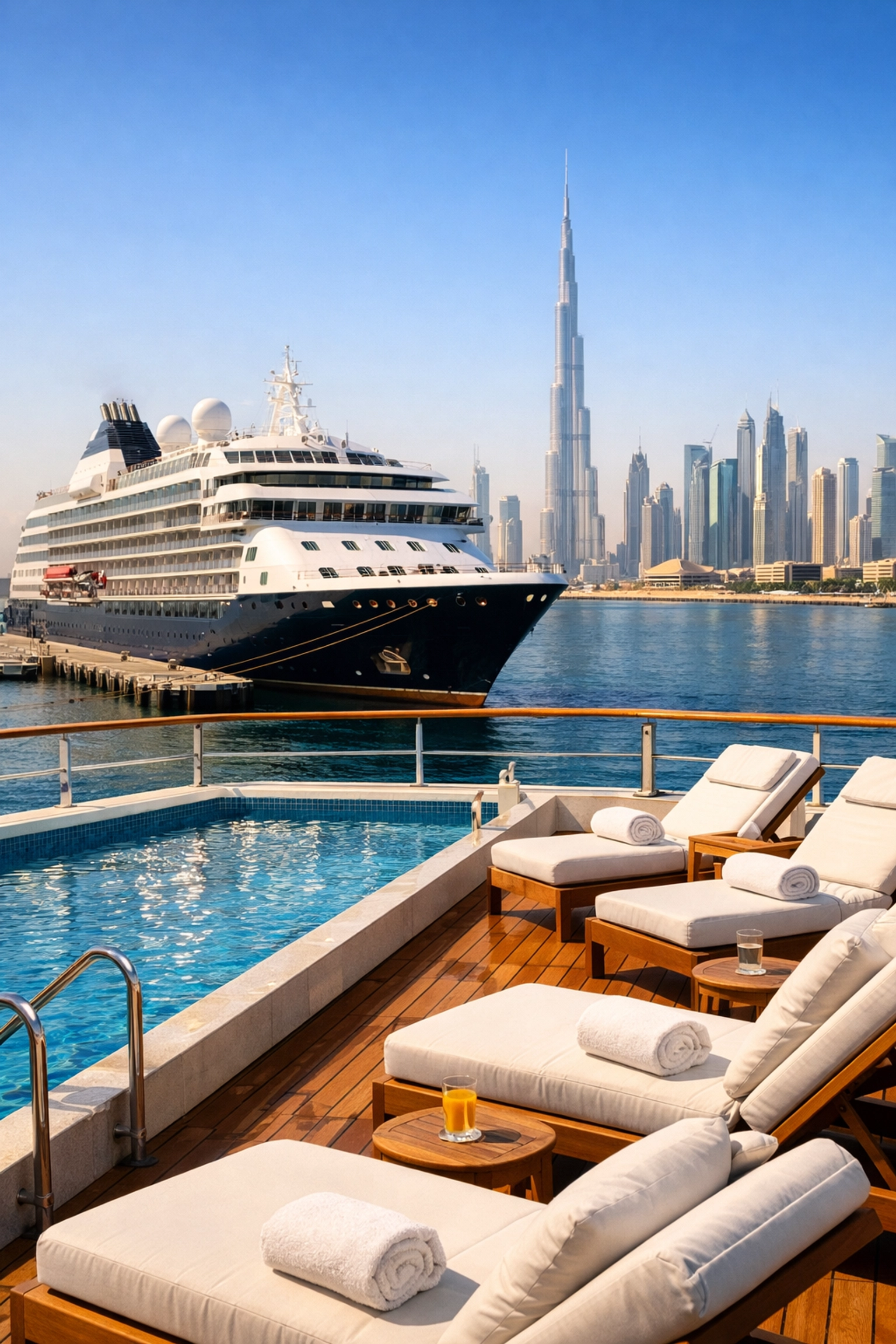 Luxury cruise ship deck with an infinity pool overlooking the Dubai skyline and Burj Khalifa.