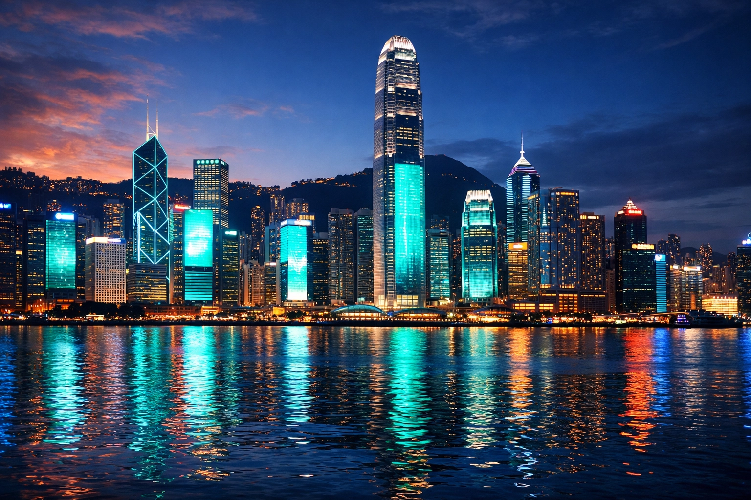 Global digital advertising displays lighting up the Hong Kong Victoria Harbour skyline at twilight.