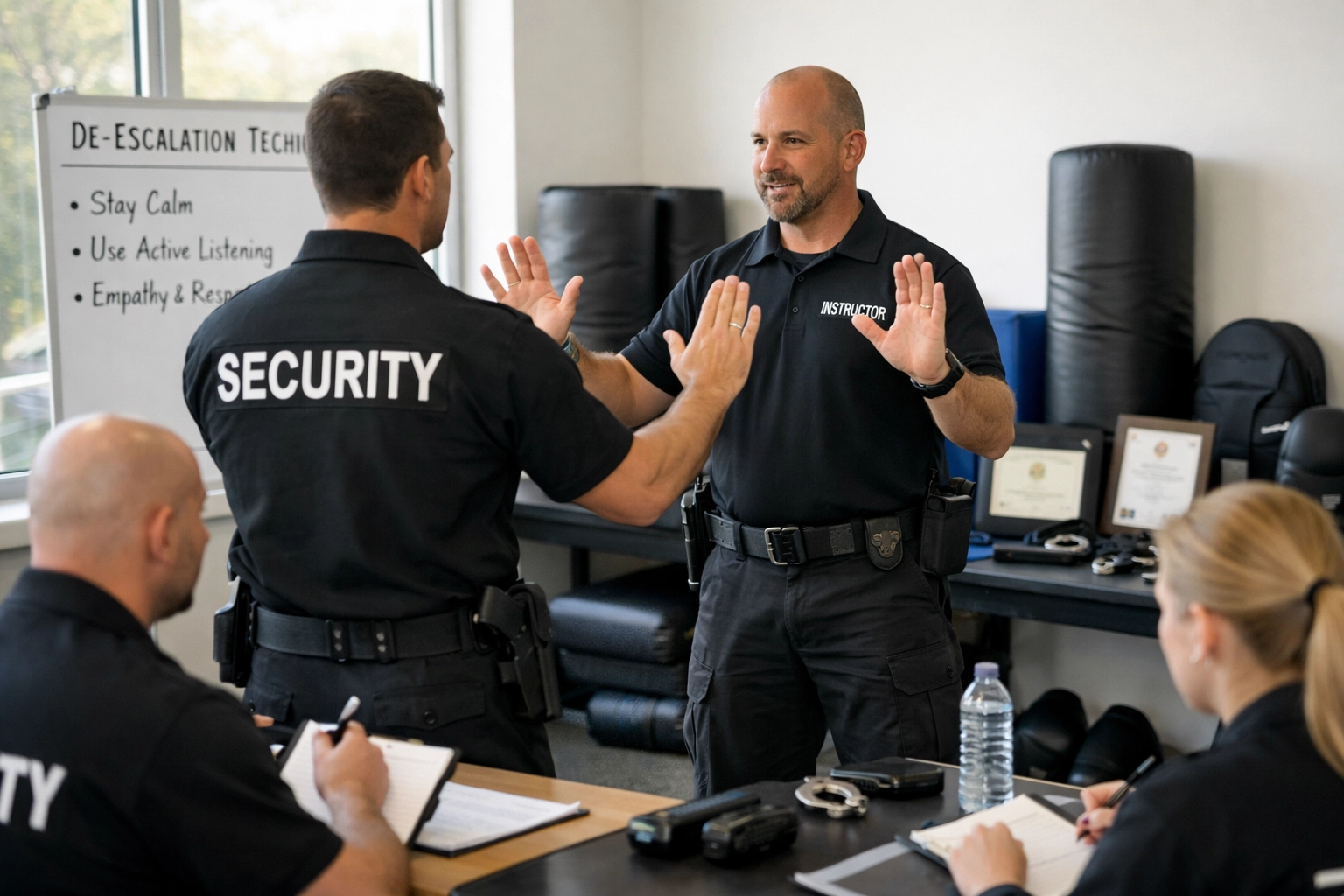 Professional security guard training session with instructor and students