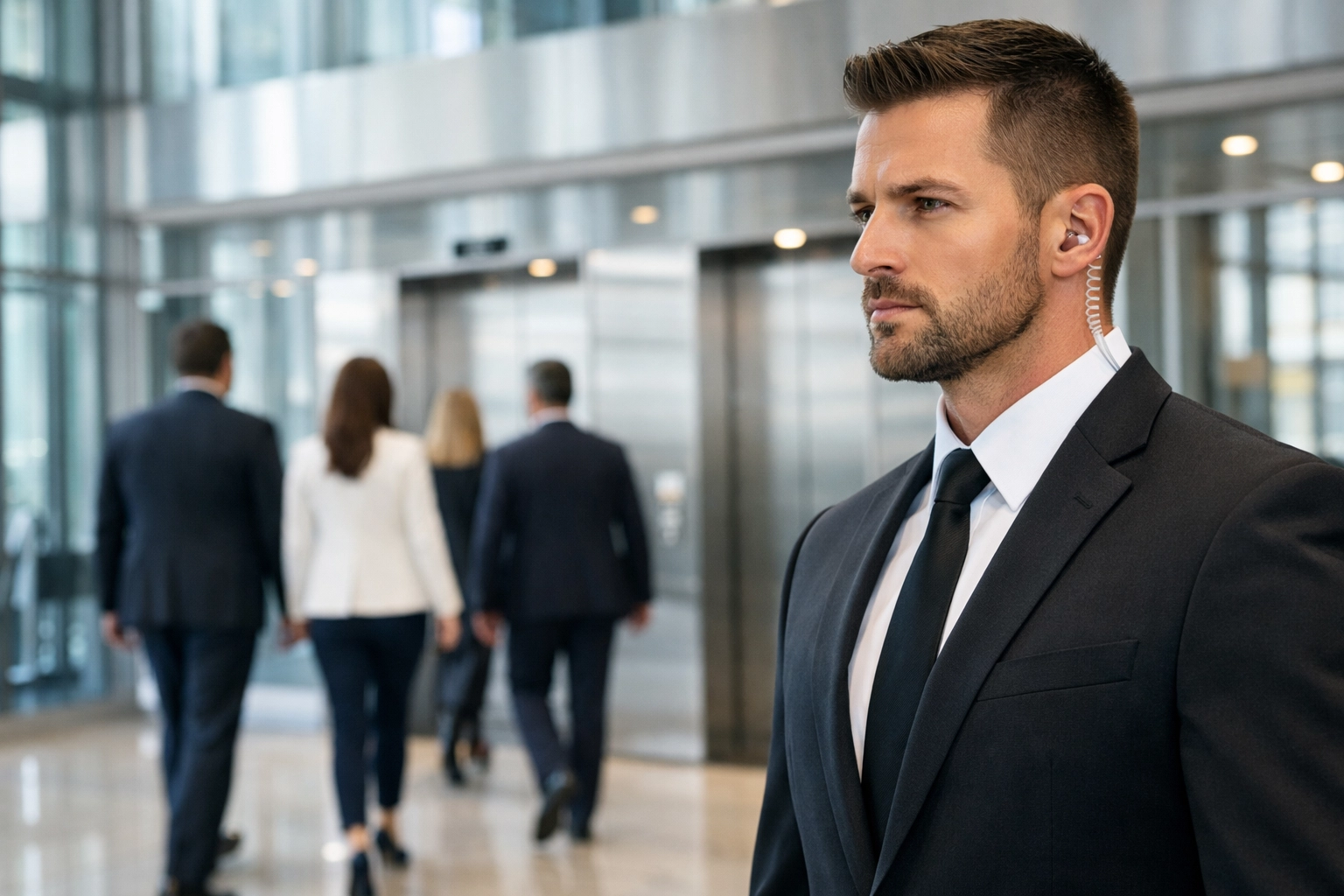 Professional VIP security detail providing discreet executive protection for high-level corporate travelers.